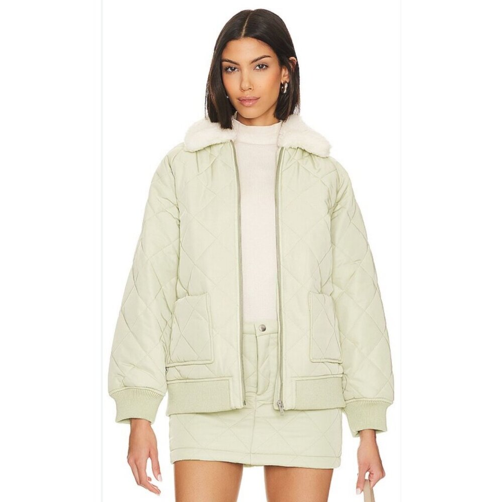 Lovers and Friends x Rachel Evie Quilted Jacket in Sage Green Fur Collar SZ XS